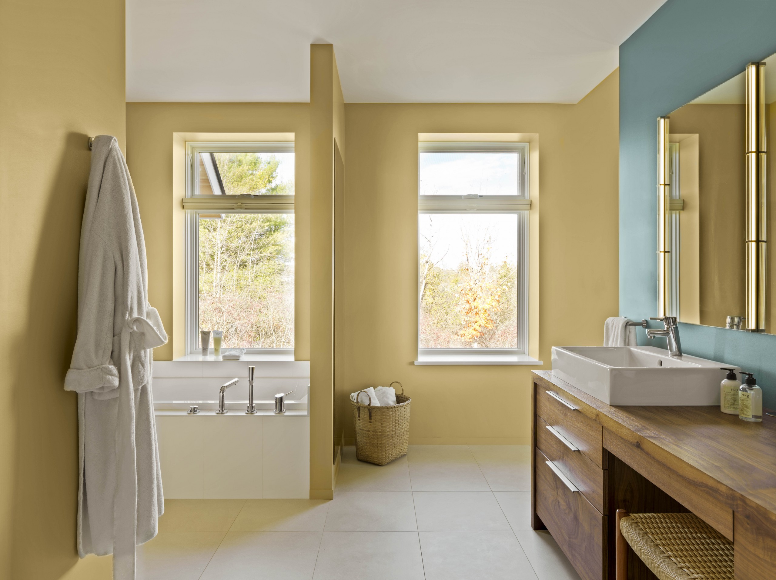 Yellow and blue master bath paint